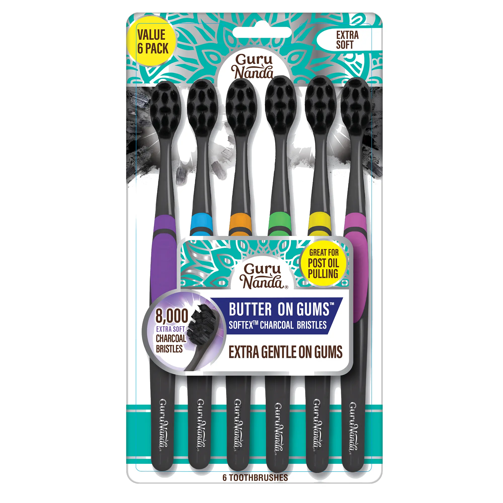 GuruNanda Butter on Gums Charcoal Toothbrush with 8000+ Softex Bristles for Sensitive Teeth & Gums, 6 Ct GuruNanda Butter on Gums Charcoal Toothbrush with 8000+ Softex Bristles for Sensitive Teeth & Gums, 6 Ct