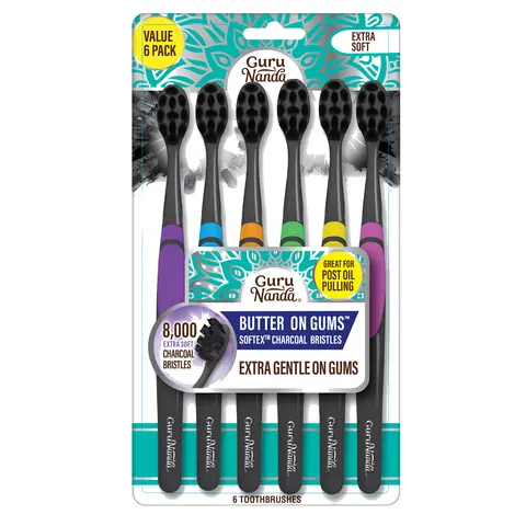 GuruNanda Butter on Gums Charcoal Toothbrush with 8000+ Softex Bristles for Sensitive Teeth & Gums, 6 Ct