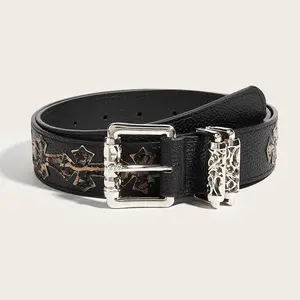 Edgy Y2K Gothic Cross Embossed White Leather Belt, Silver Hardware Punk Streetwear Waist Belt, Adjustable Unisex Pebbled Pattern Roller Belt with Detailed Buckles, Trendy Youth Style Statement Fashion Accessory for Jeans & Street Outfits