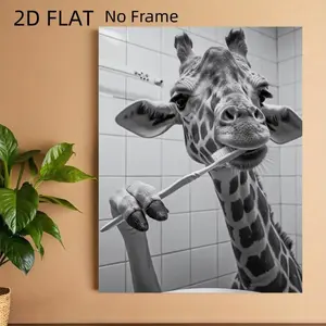 [2D Flat]1pc Giraffe Brushing Teeth Wall HD Canvas Decorative Painting 11.8* 15.7inch (30* 40cm ) with Wooden Framing - Modern Home Decor, Can Be Directly Hung in Living Room, Bedroom