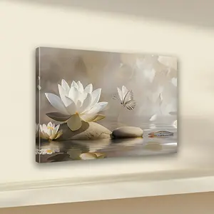 1pc Framed Canvas Wall Art - Elegant Butterfly & Blooming White for Lotus Nature Scene, Wooden Frame, High-Quality Ink on Canvas, Horizontal Wall Decor for Living Room, Bedroom, Kitchen, Office, Bathroom, Dining Room, Winter Spring Home Decor, Ideal