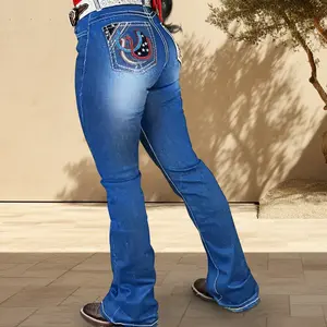 Women's Large Size Jeans in Dark Blue with Horseshoe Animal Graphic Embroidery, Micro Flared Pants, High Waist, Casual & Comfortable Style Denim Womenswear