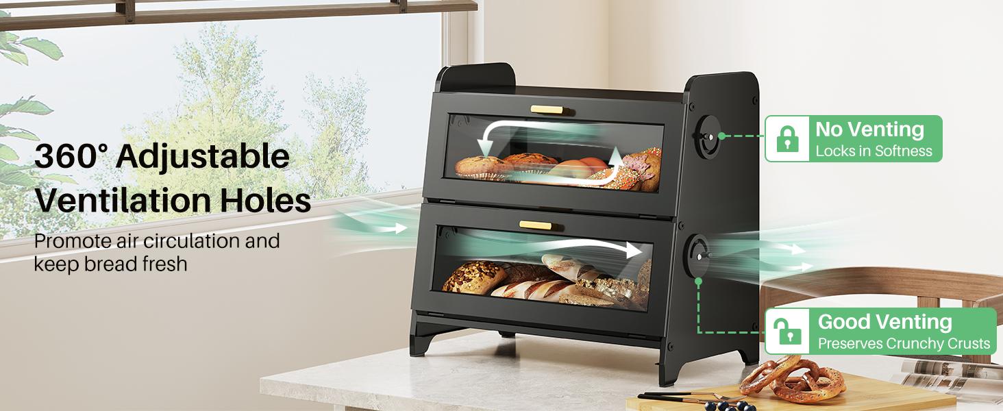 SNTD Bread Box - Kitchen Countertop Bread Storage Container with Bamboo Cutting Board, Adjustable Vent Hole Dials