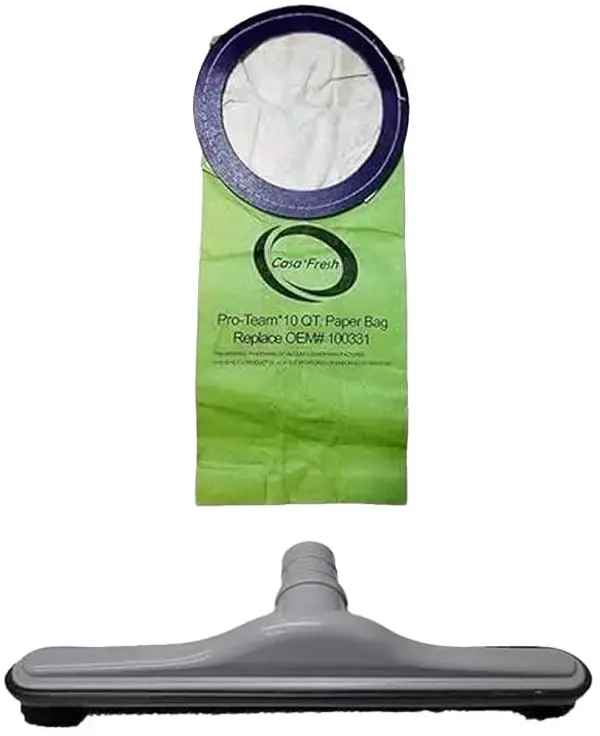 Bare Floor Tool + 10 PK of Replacement Bags for ProTeam 100331. Compatible with 10 QT BackPack Vacuums - Coachvac, Super Coachvac, Megavac (10 QT Round Bags 100331 + 1 Hard Surface Brush 100623)