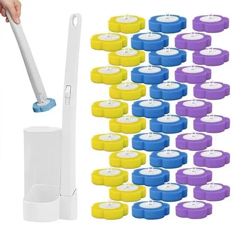 Disposable Toilet Brush Wand Kit - 2 Handles, 2 Boxes, 48 Assorted Removable Washable Toilet Brush Heads, Compact Space-Saving Durable Plastic, Fresh Head Swap, Quick Restroom Cleanup, 48 Assorted Brush Heads
