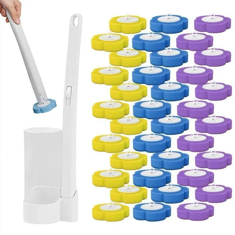 Disposable Toilet Brush Wand Kit - 2 Handles, 2 Boxes, 48 Assorted Removable Washable Toilet Brush Heads, Compact Space-Saving Durable Plastic, Fresh Head Swap, Quick Restroom Cleanup, 48 Assorted Brush Heads