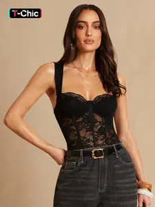 Women's Fashion Wide Strap Transparent Floral Lace Breathable Bodysuit, Heart Neckline Sheer Shapewear, Elegant Design, Chic, Womenswear