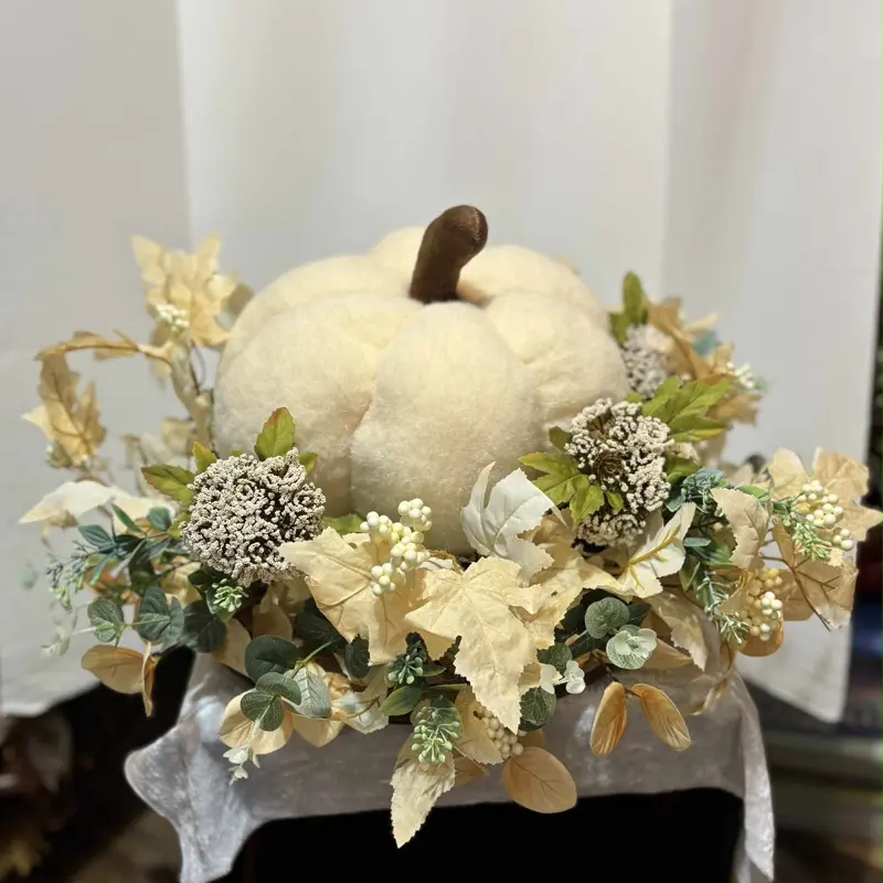 Elegant Autumn Pumpkin Centerpiece - Cream Pumpkin with Soft Florals & Golden Foliage for Cozy Sophisticated Fall Table Decor