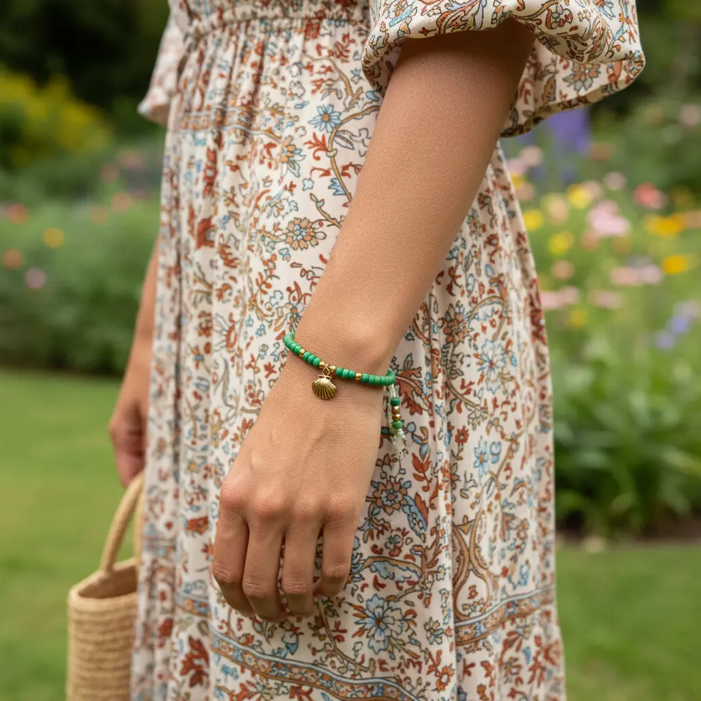 Green Seed Bead Bracelet with Brass Shell Charm