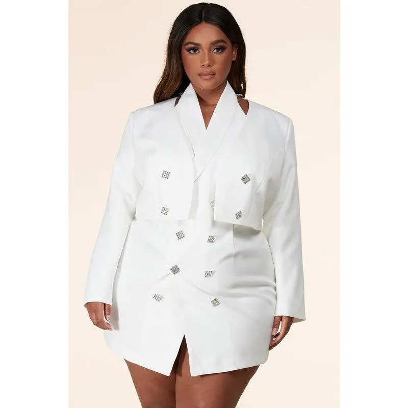 Women's Chic Elegant 2-Piece Longsleeves White Crop Jacket & Double Breasted Mini Dress Set for Lady, Female Suit, Contrast Lace, Shawl, Lacy