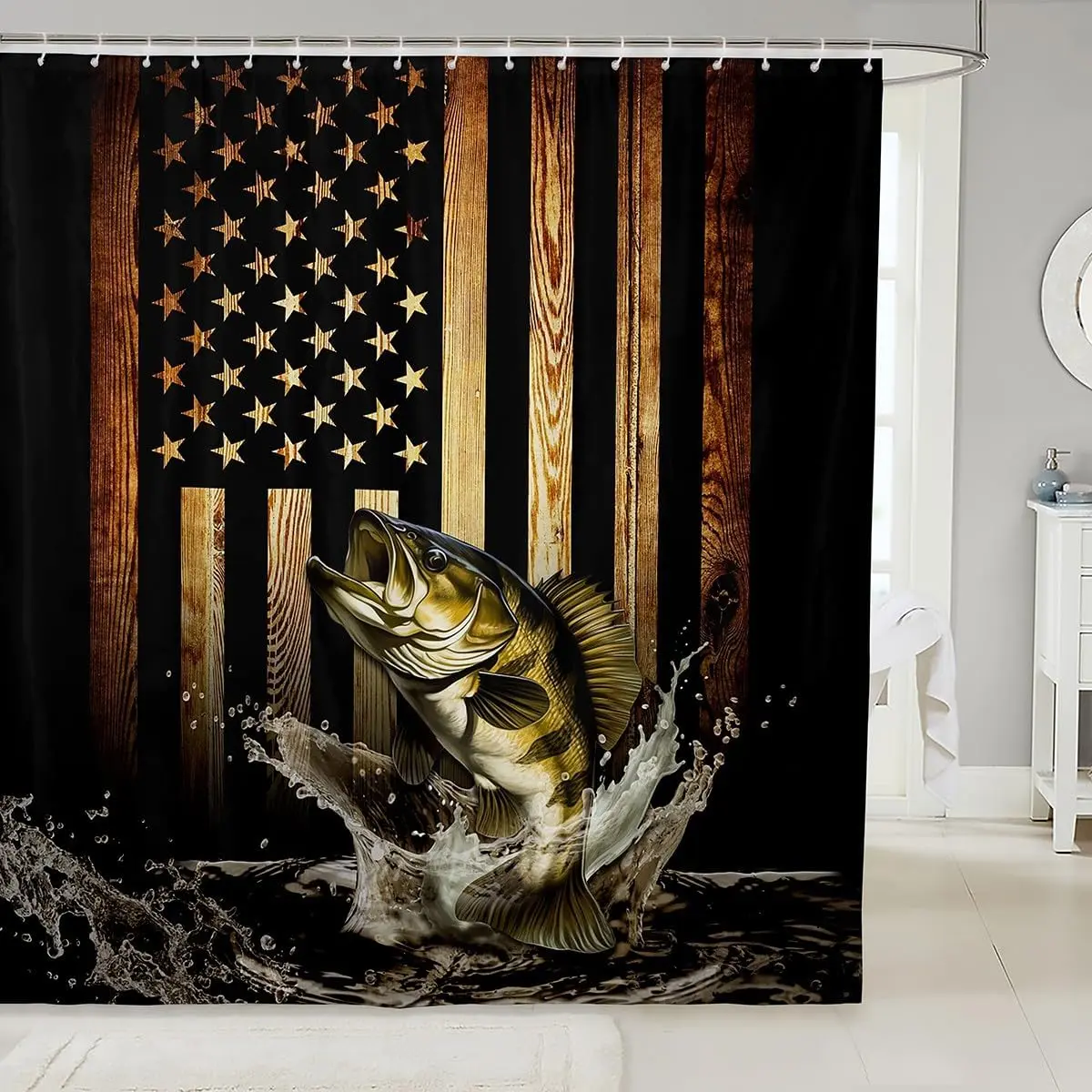 Vintage American Flag Shower Curtain,Bass Fish Bathroom Curtain Men Adult Room Decor,Fishing and Hunting Waterproof Curtain in Black,Brown,Rustic Farmhouse Wood Striped Design