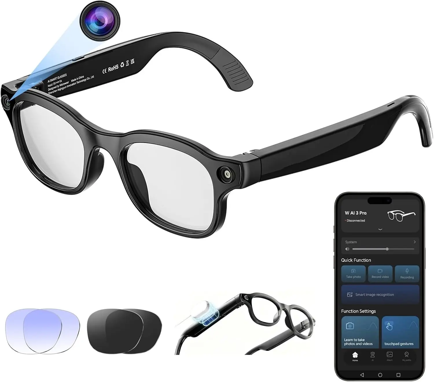 AI Smart Glasses with 8MP Camera, 4K Video Photo Recording, Bluetooth Smart Glasses for Men Women, Wireless Charging, Real-Time Translation, Voice Assistant, Object Recognition, Long Battery Life, Equipped with 3 Interchangeable Lenses