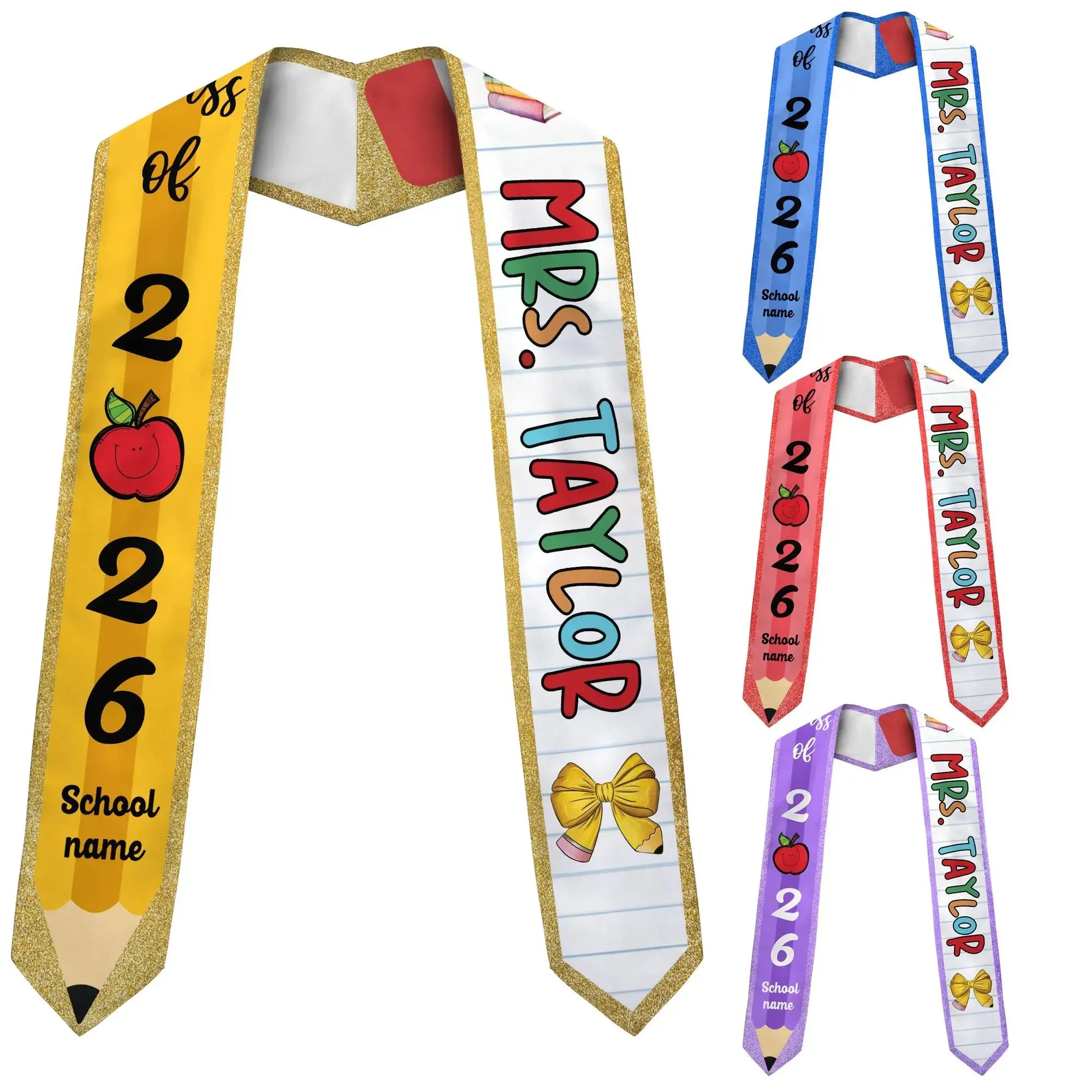 Custom Teacher Name Graduation Stole 2026 – Pencil Design Sash & Personalized Printed & Class of 2026 Grad Gift for Teachers Students