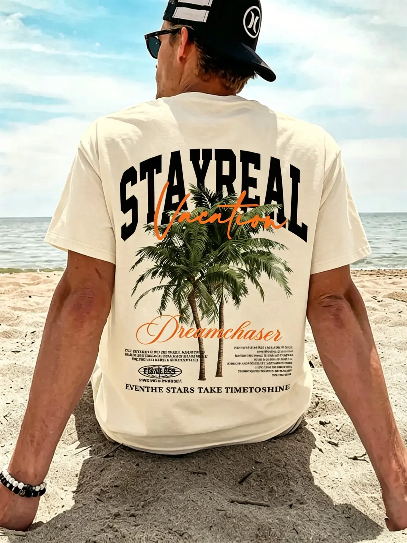 Men's Vintage Washed Cotton Oversized T-Shirt, Retro Tropical Palm Tree Back Print Graphic Tee, Breathable Casual Summer Top for Beach Vacation, Streetwear Daily Wear, Casual Menswear with Stayreal Dreamchaser Design