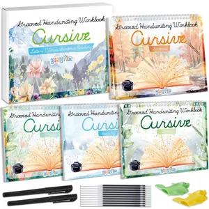 Magic Reusable Cursive Handwriting Workbook Kit for Kids – 4 Grooved Practice Books with Disappearing Ink Pens, Pencil Grips – Preschool Learning, Back-to-School, Fine Motor Skills Gift Set