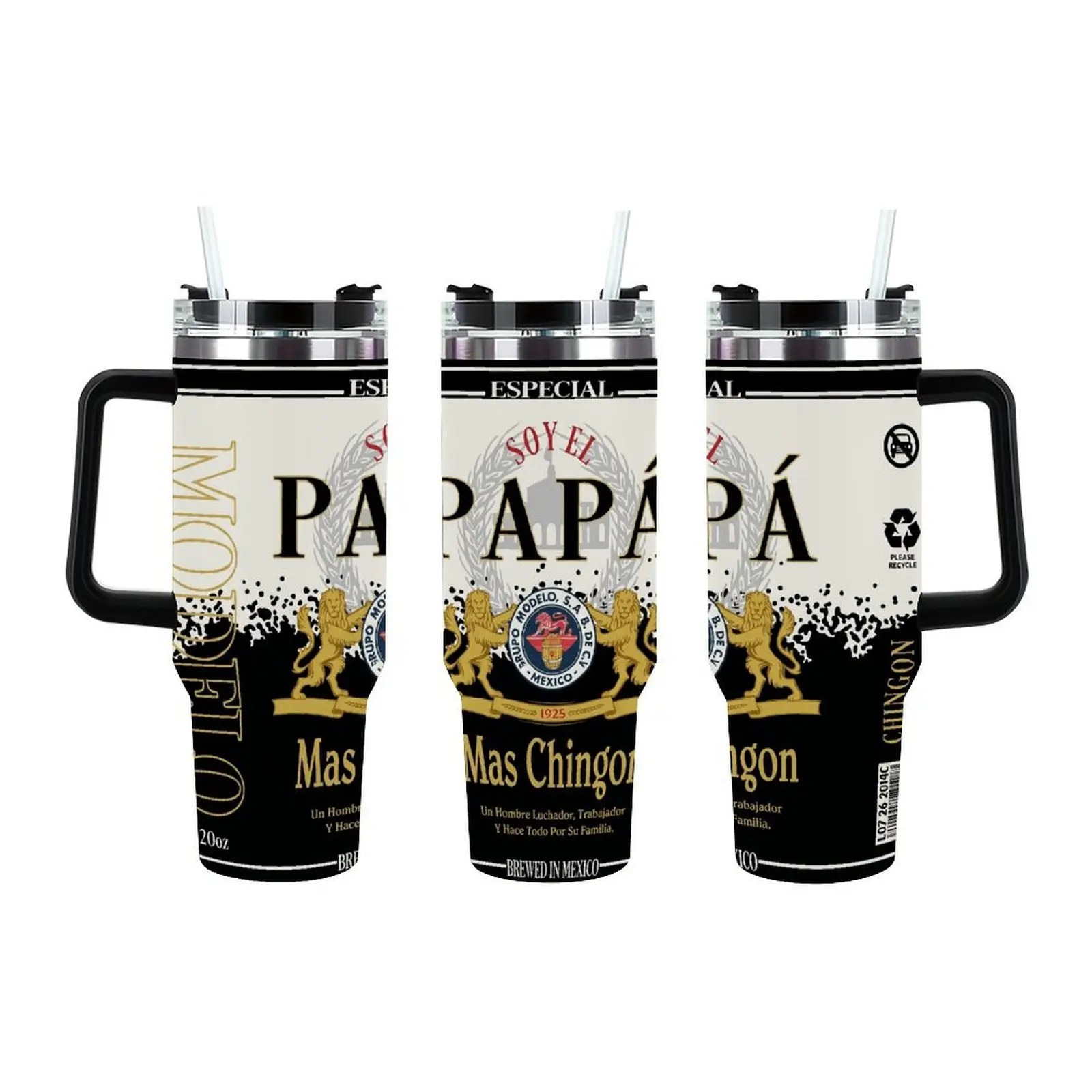 Soy El Papá Más Chingón 40oz Tumbler with Handle, Funny Mexican Dad Gift Cup, Hispanic Father Travel Mug, Insulated Stainless Steel Cup for  For Latino Papa ,Father's Day, Birthday, Christmas Gift ,Beer Themed Travel Mug