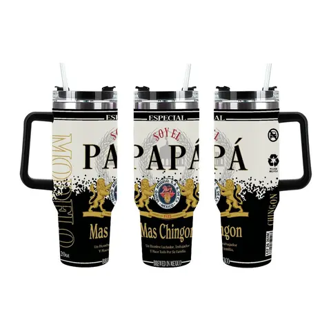 Soy El Papá Más Chingón 40oz Tumbler with Handle, Funny Mexican Dad Gift Cup, Hispanic Father Travel Mug, Insulated Stainless Steel Cup for  For Latino Papa ,Father's Day, Birthday, Christmas Gift ,Beer Themed Travel Mug