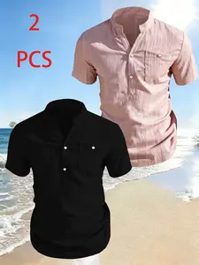 2-piece men's casual Henry collar shirt, lightweight breathable wrinkled fabric short sleeved half open top with chest pocket, suitable for beach holidays, cruise vacations, daily street wear, and summer outdoor activities mature men, Casual wear clothing