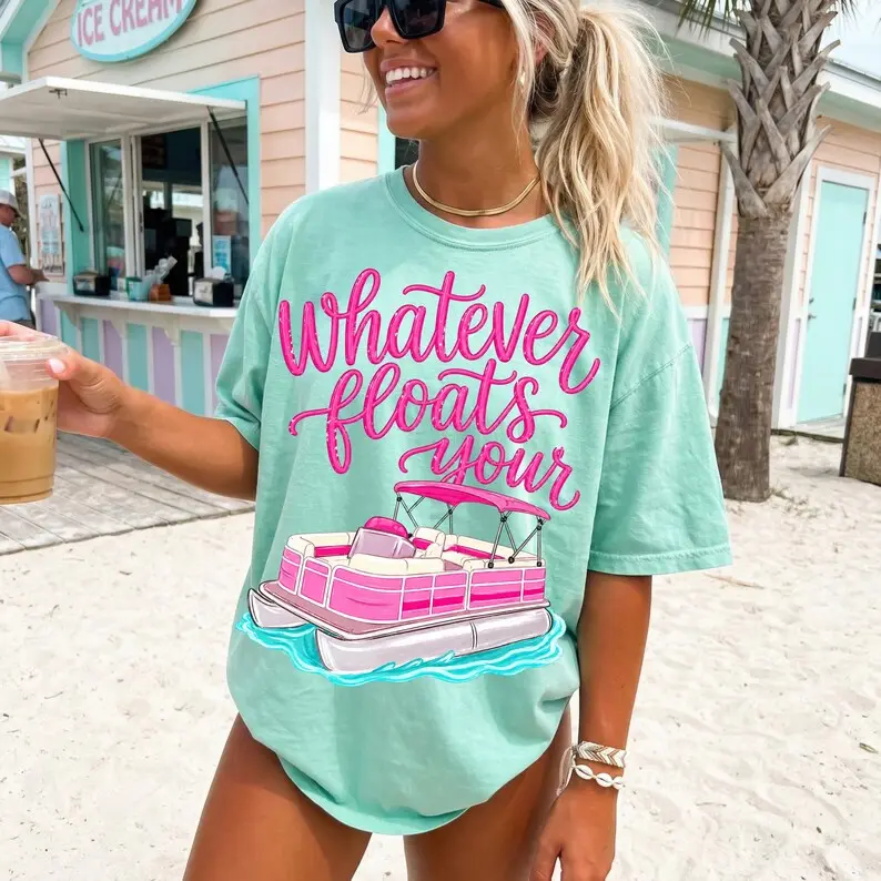 Comfort Colors Shirt for Women & Girls - Funny "Whatever Floats Your Boat" Graphic Print, Relaxed Short-Sleeve 100% Cotton for Summer Lake Life, Shortsleeve, Fabric, Tee, Cute, Fade-Free Ink, Fit, Casual, Tshirt, Colorful Style, Cute Boho