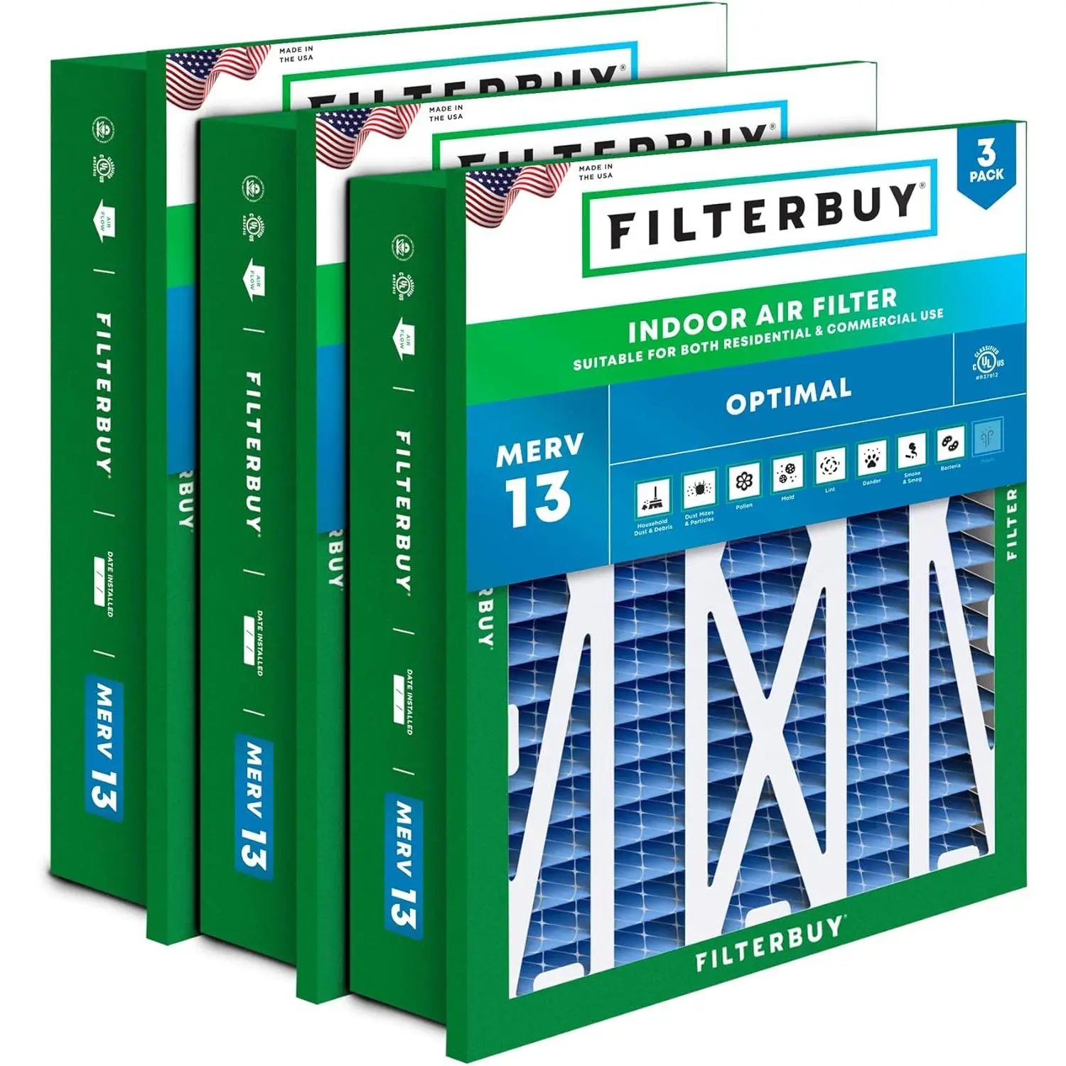 Filterbuy 20x20x5 Air Filter (3-Pack), Pleated MERV 13 Optimal Defense HVAC AC Furnace Air Filters for Honeywell Return Grille FC40R1003