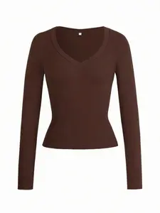 Women's Sexy Fitted Knit Long Sleeve Top Solid Color V-Neck T-Shirt for Valentine's Day Wear Casual Slim Fit Short Length Knitted Fabric 93% Polyester 7% Elastane Machine Washable - Womenswear