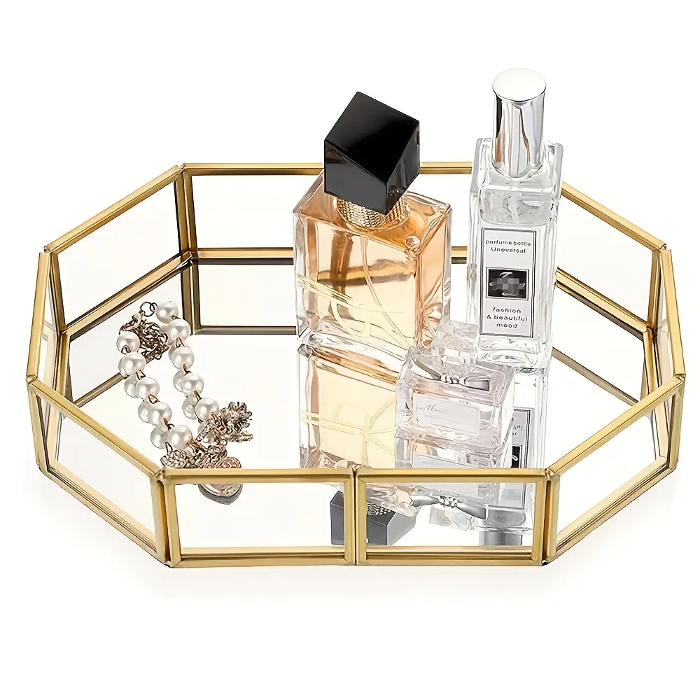 1/3 Pcs Decorative Metal Mirror Golden Octagonal Vanity Tray Set, Vintage Glass Perfume & Jewelry Cosmetics Storage Organizer for Dresser Bathroom