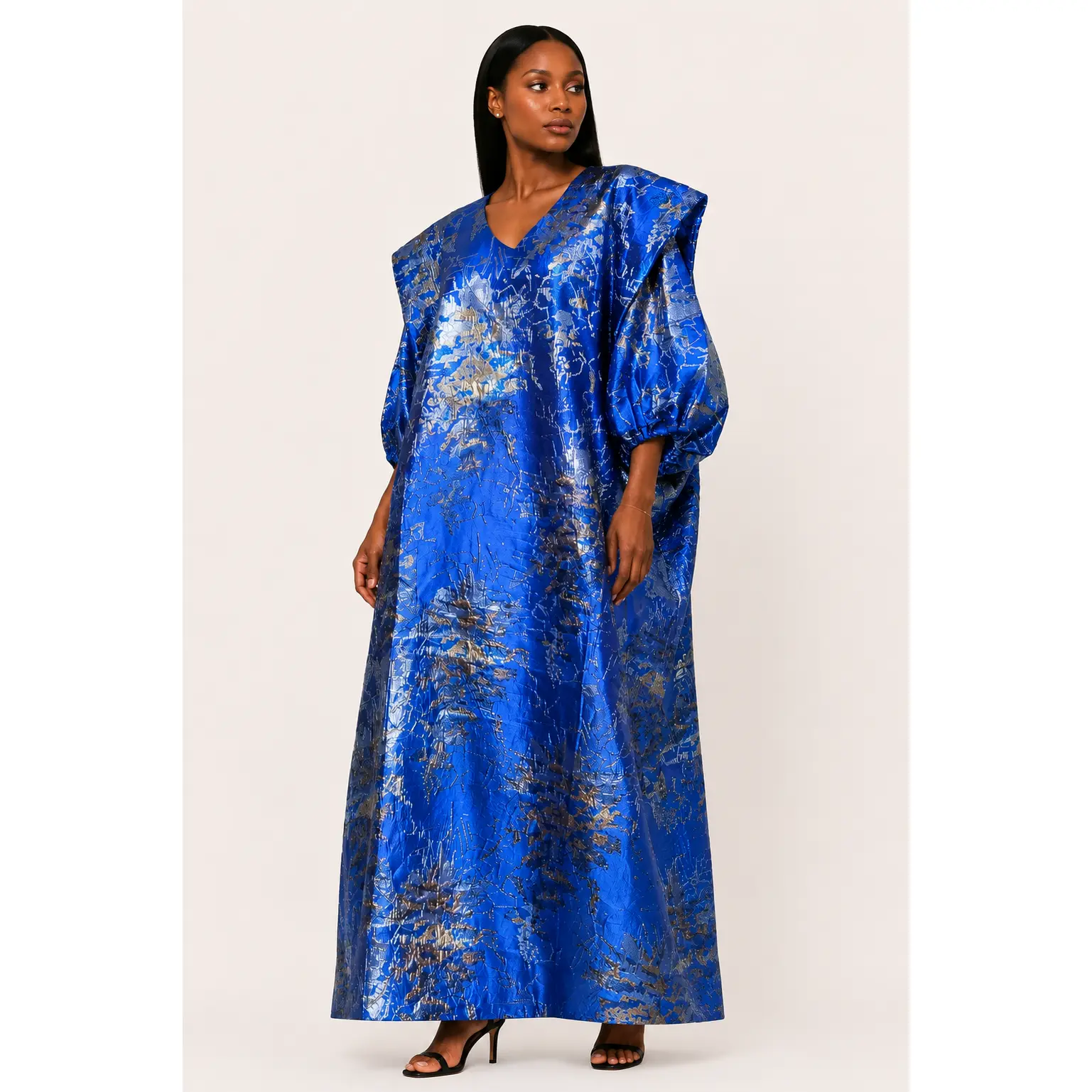 Royal Sapphire Luxury Brocade Boubou Dress – Metallic Blue Kaftan Maxi