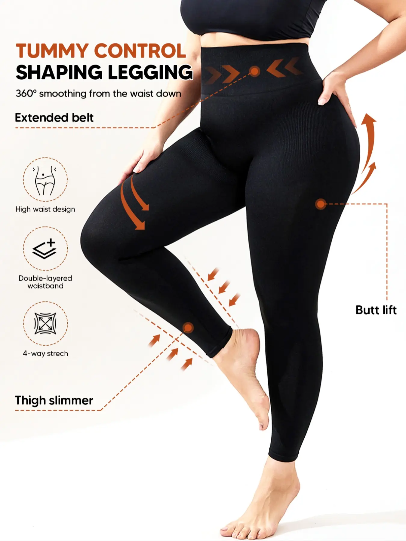 Women's Plus Size High Waisted Tummy Control Leggings, High Waist Sportswear, Butt Lift Squat Proof Compression Pants, Full Length Body Shaper Tights, Breathable Activewear Bottoms, 5 Colors Available