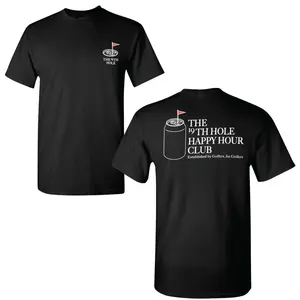 The 19th Hole Happy Hour Club Golf T-Shirt, Minimalist Beer Can and Flag Back Graphic Tee, Funny Drinking Golf Shirt with Front and Back Print, Soft Cotton Blend Shirt, Casual Golfer Apparel for Men and Women
