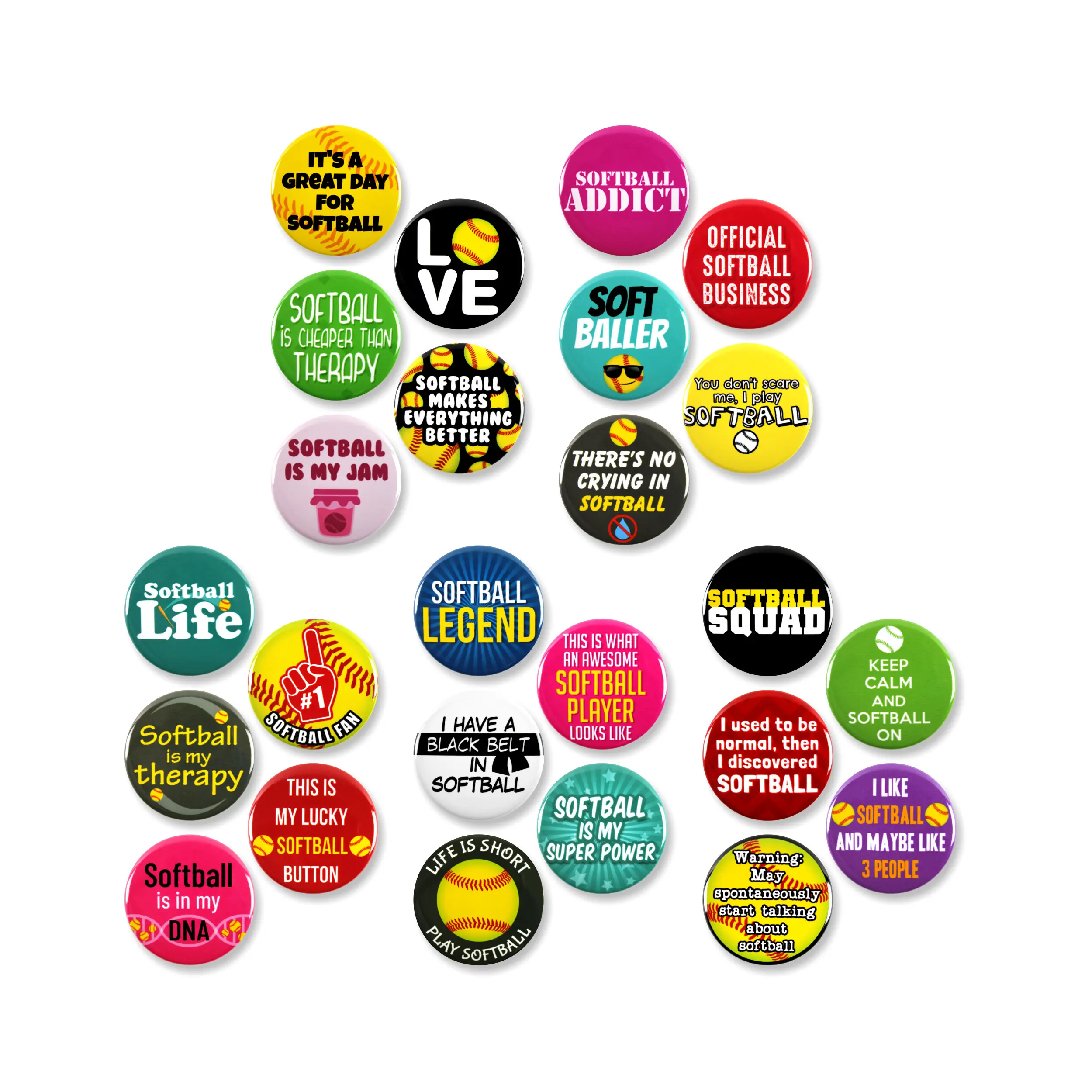 25 Pack - Soft Ball Fanatic Megapack Sports Pinback Buttons - 1.5 Inch