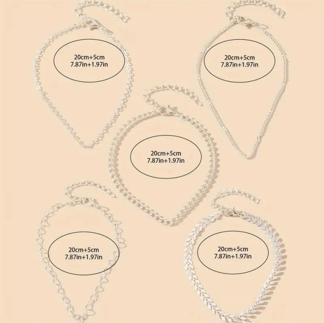5Pcs Bohemian Airplane Chain Ankle Chain Fashion Design Heart-shaped Chain Anklets Women's Summer Beach On Foot Chain Jewelry