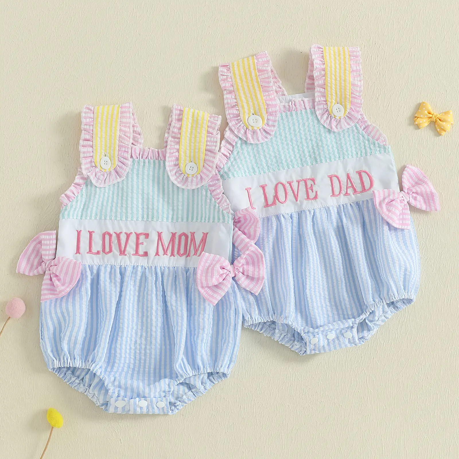 Infant Baby Girl Bubble Romper Sleeveless Ruffled I Love Mom Dad Onesie Bodysuit Summer Clothes Mothers and Fathers Day Outfits