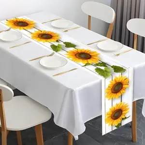 Sunflower Table Runner on Vintage Wood Background, 70.8inch*13.8inch Woven Polyurethane, Year-Round Home Kitchen Decor, Ideal Gift