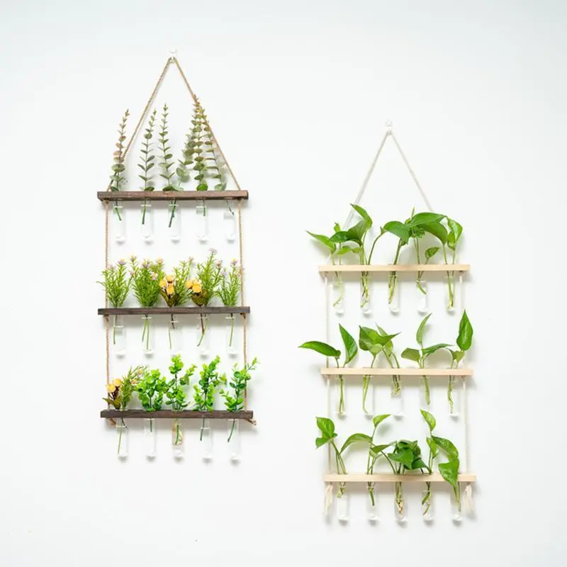 Wall Hanging Plant Propagation Station, 1 Box Wooden Holder & 3 Counts Glass Tube, Mini Test Tube Vase, Home Garden Office Decoration, Wall Planter