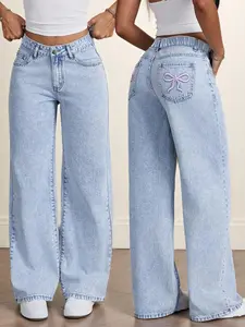 Yk2 Loose Straight Leg Embroidered Jeans with Pockets, Cute Casual All Season Kids Denim Jeans, Fashionable Daily Wear