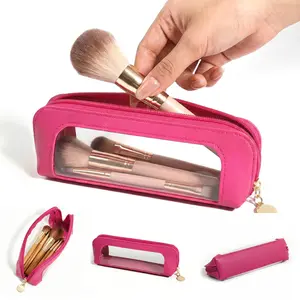 Makeup Brush Case Clear Travel Cosmetic Case,Small PU Leather Transparent Toiletry Bag with Zipper, Portable Make Up Organizer Traveling Compact Essential Bag for Women ,Gift for Mother,Friend