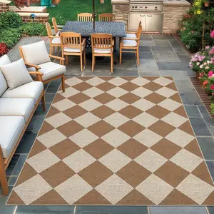 Modern Plaid Indoor/Outdoor Rug Washable Jute Rug Low Pile Foldable UV Protection Easy to Clean for Bedroom Living Room Terrace and Balcony