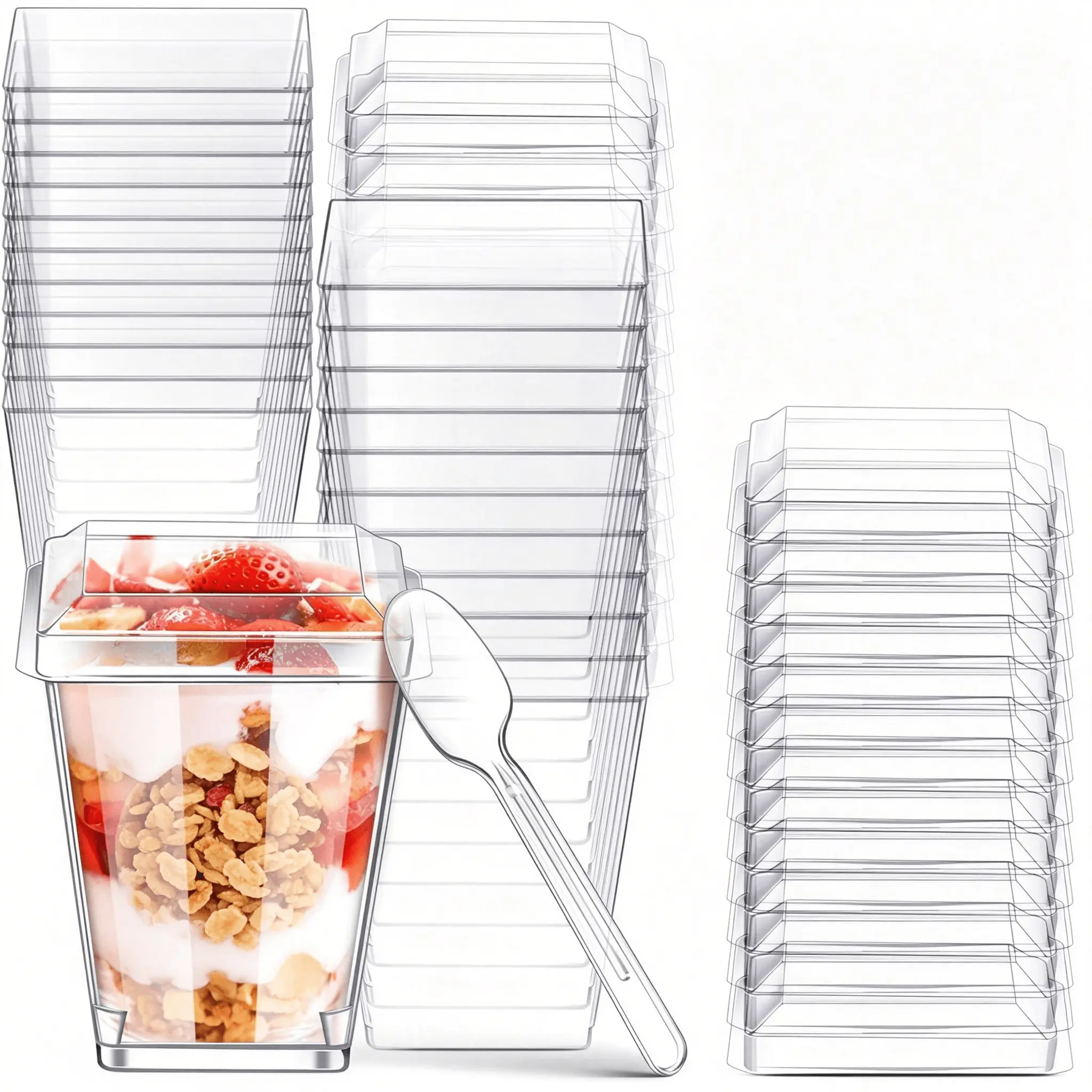 50 Pack Square Clear Dessert Cups with Lids and Spoons, 5 oz Disposable Plastic Parfait Cups, Pudding Mousse Appetizer Cups for Party Picnic