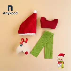 Anykood Labbubu Christmas Santa Outfit Set Cozy Hat & Bell Jumpsuit Doll Clothes for 10-17 cm Tall Dolls Classic Red White Green Festive Ensemble Plaid Labubu