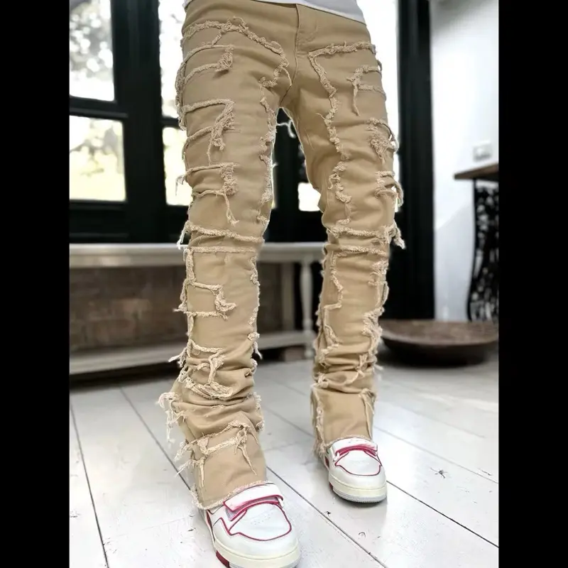 Men's Fashion Slim Fit Designer Patch Stretch Stacked Jeans Tassel Skinny Flared Denim for Stylish Looks