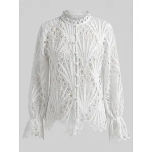 Women's Crochet Lace Hollow Out Button Blouse, Flounce Sleeve Asymmetrical Hem Top, All-Season Wear