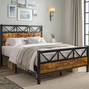 Wooden Bed Frame With Tall Headboard, Metal Platform Bed Frame With Headboard And Footboard, Under-Bed Storage, Easy Assemble, Brown/ Grey, Twin/ Full/ Queen/ King