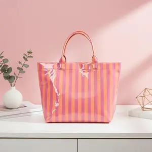 Plaid PVC Tote Bag for Women Large Letters Print Plastic Handbag Plastic Tote Bag for Work Summer beach bag, beach tote, splash-proof, Model posing shoot