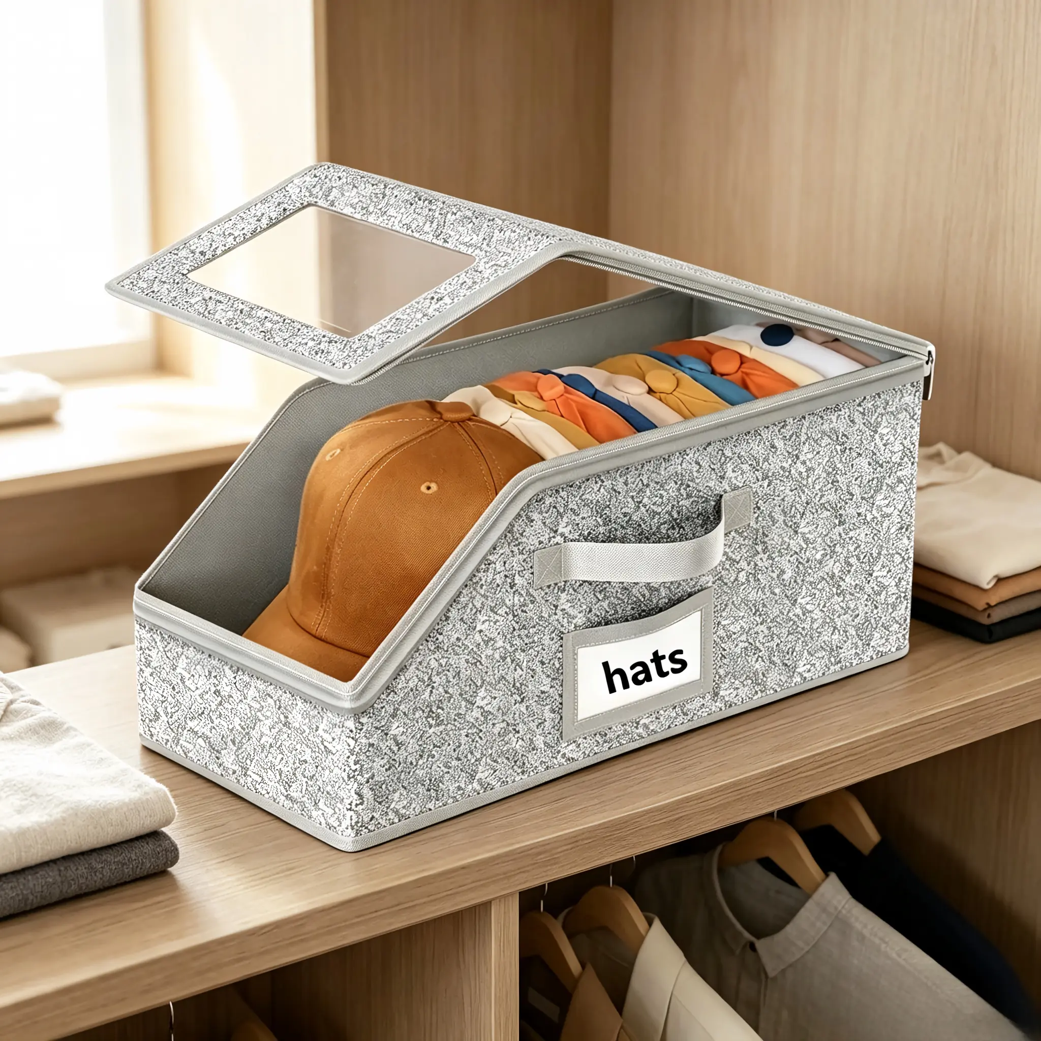 Stackable Grey Dustproof Hat Storage Box, Holds 24 Baseball Caps, Thick Cardboard Closet Organizer, Multi-Purpose Bin for Hats, Toys & Stuffed Animals, Bedroom Space Saver