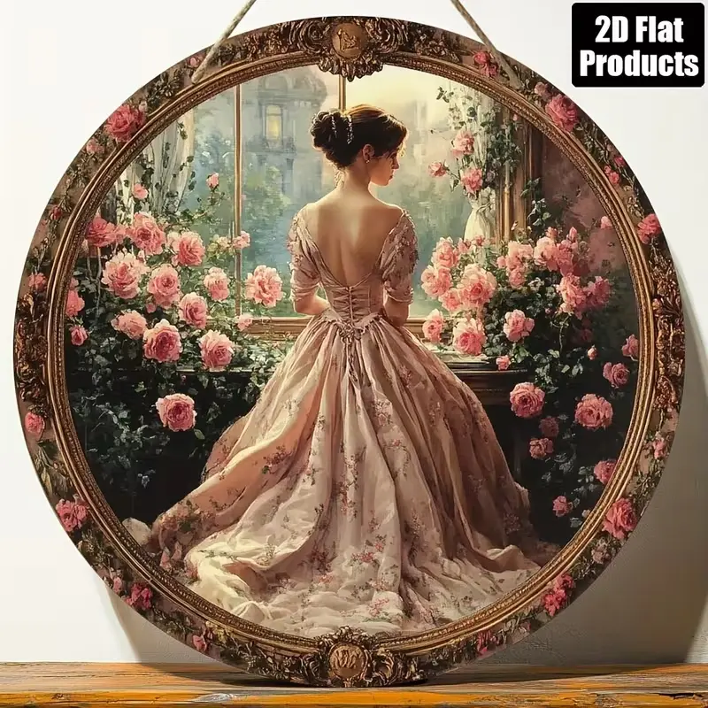 8in Vintage Victorian Lady Pink Rose Round Metal Wall Sign - French Romantic Tin Plaque, Shabby Chic Vintage Home Decor for Women, Bedroom Wall Decoration with Flowers, Window Hanging Gift, Elegant
