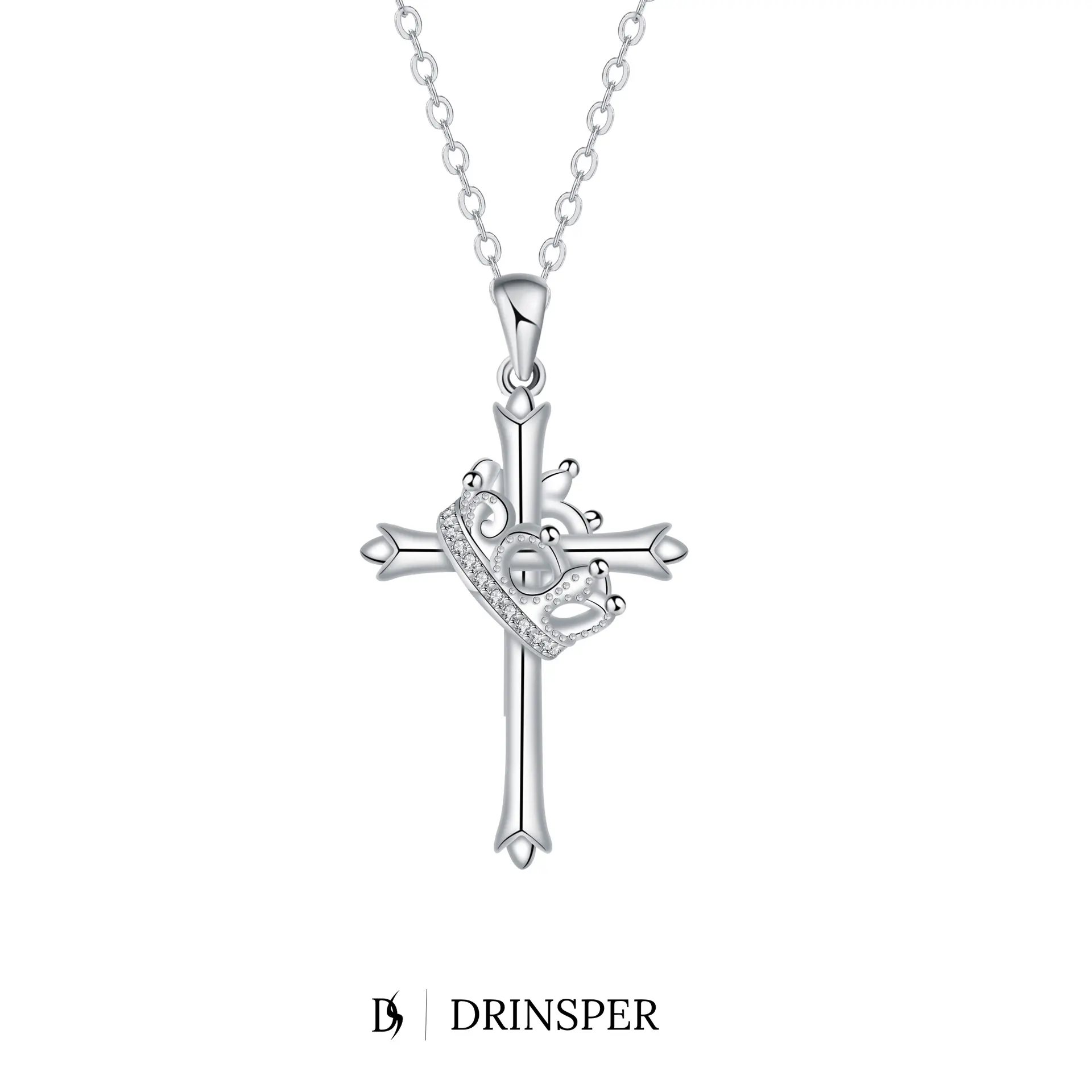 Drinsper Crown Cross Necklace for Women Vintage Inspired Gift Stainless Steel Chain Pendant Necklace with Copper Cross Charm and Crown Detail Jewelry for Daily Wear, Elegant Accessories and Meaningful Gift Choice