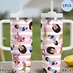 Cartoon Bob's Burgers Vacuum Flasks 40oz Stainless Steel Funny Dad Tumbler with Handle & Straw, Vacuum Insulated Travel Mug Keeps Drinks Cold Up to 12 Hours, Leak-Resistant Cup for Iced Coffee, Water, Office, Gym or Travel