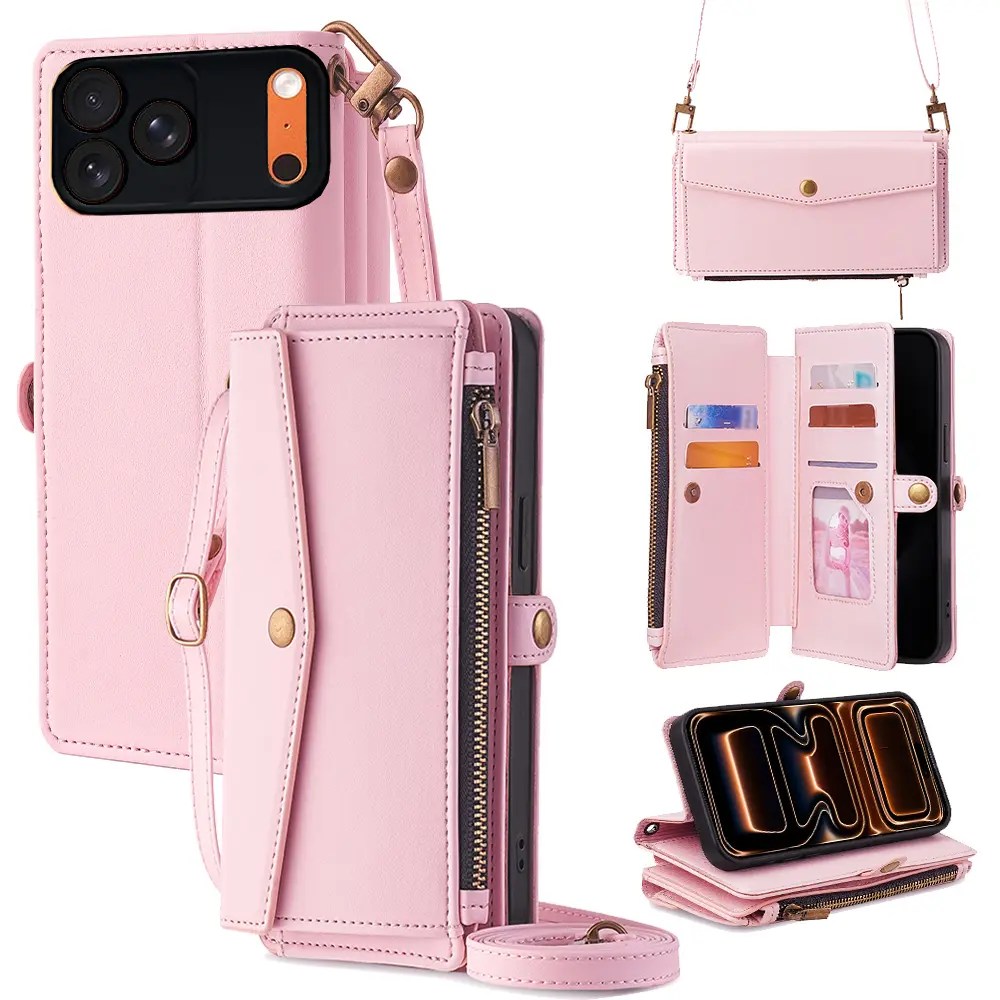 Women's Leather Crossbody Wallet Phone Case for iPhone 17/16/15/14 Pro Max-Plus-Pro Models, Flip Cover Accessory with Card Holder, Kickstand, Wrist Strap, Magnetic Closure, Zipper Purse for Cellphone-Smartphone Handheld Devices Protection
