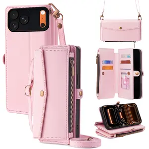 Crossbody Wallet Case for iPhone 17/16/15/14 Pro Max Plus, Leather Flip Phone Case with Card Holder, Kickstand, Wrist Strap, Magnetic Closure & Zipper Purse Handbag Cover for Women