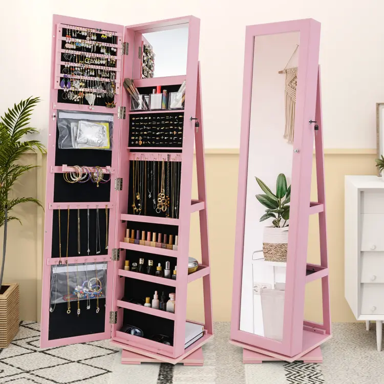 COSTWAY 360° Swivel Jewelry Armoire with Full Length Mirror, Standing Lockable Jewelry Cabinet Organizer, Large Storage Capacity, Inside Makeup Mirror, Back Storage Shelves -costst